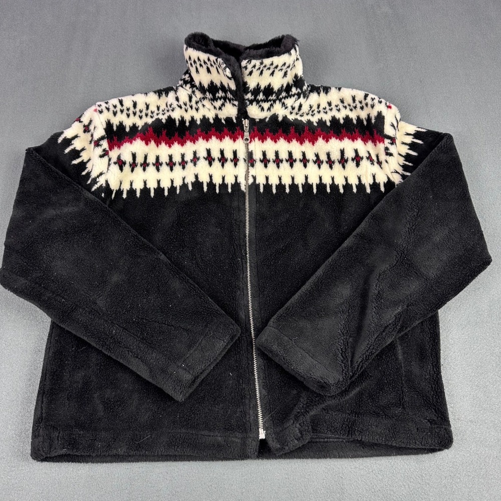 BC Clothing Original Fleece Jacket Fair Isle Black White Red Faux Fur Collar M